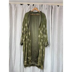 Boho Kimono Style Duster Womens Green Satin Trim Lightweight Open Front Robe